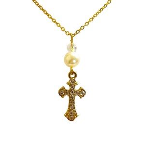 Gold plated rhinestone chain cross faith necklace faux pearl pendant handmade